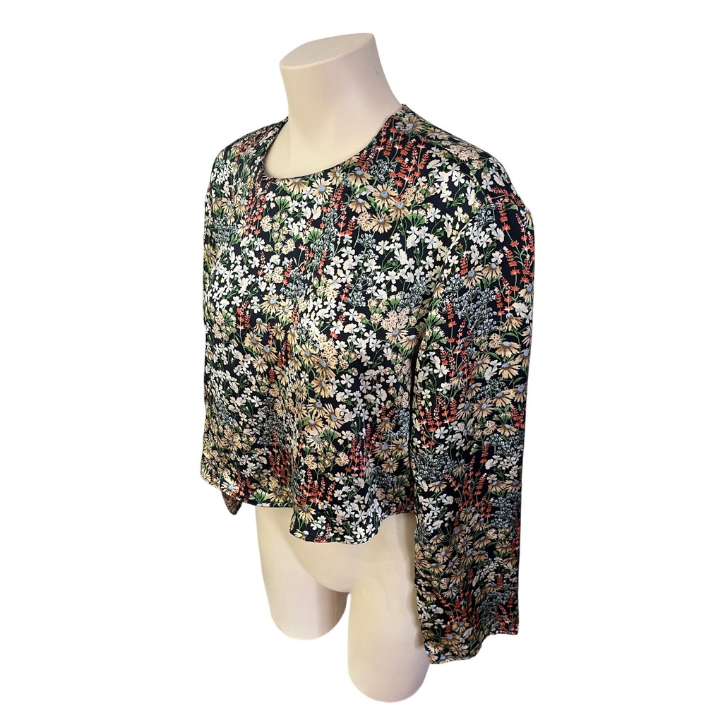Silky Floral Long Sleeve Cropped Blouse Black Wildflower Size Medium
